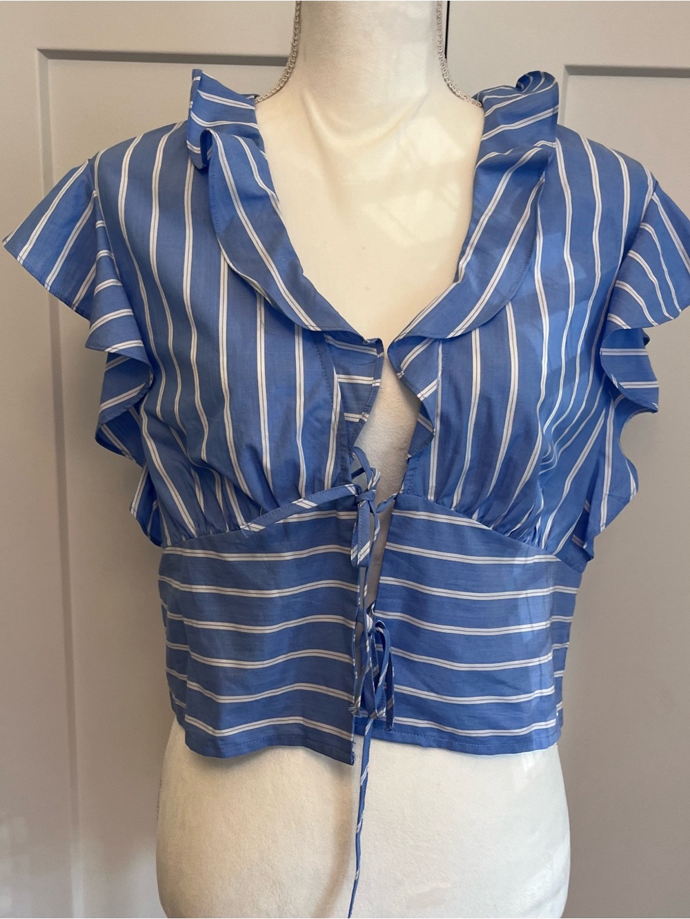 H&M Striped Blue Ruffle Tie-Front Women's Top